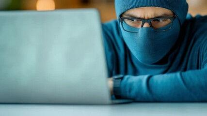 Poster - Cyber Threat Intrusion: A masked individual intently focused on a laptop, embodying the modern-day specter of digital crime and data breach, peering into the world of cybersecurity and espionage.