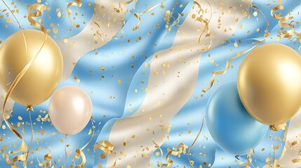 Poster - Holiday background with golden and blue metallic balloons, confetti and ribbons