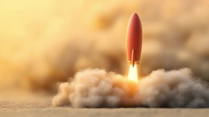 Poster - Space Launch: A powerful red rocket ship blazes through the atmosphere, leaving behind a plume of white smoke, embarking on an epic journey of space exploration. The powerful thrust of the rocket.