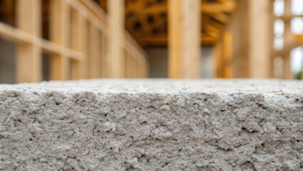 Close-up of a textured concrete surface with blurred wooden framework in the background, depicting a construction site.