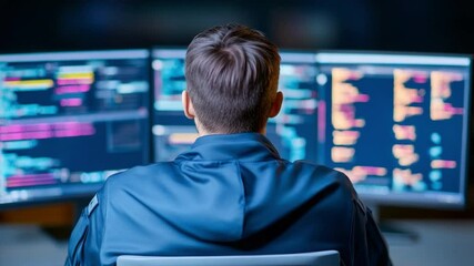 Aufkleber - The Coding Guardian: A tech-savvy individual intently focused on coding, their silhouette outlined against the glow of multiple computer screens displaying intricate lines of code.