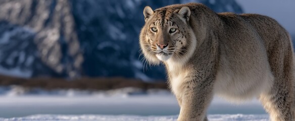Wall Mural - majestic snow leopard in winter landscape