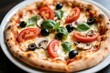 © angutyo - tasty pizza concept vegetables and basil close up concept de pizza savoureuse légumes et basilic gros plan sabrosa pizza concepto verduras y albahaca primer plano