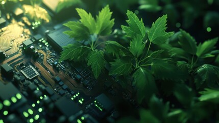 Poster - Lush green leaves sprout from a circuit board, symbolizing technological harmony with nature.