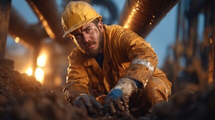 Aufkleber - A man in a yellow jacket is working in a dirty environment