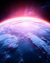 Wall Mural - A vibrant, alien planet bathed in pink and blue light, showcasing a sunrise or sunset with city lights visible through the clouds