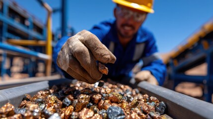 Poster - A man is holding a handful of gold nuggets