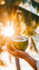 Aufkleber - Hand cradling a freshly opened coconut while palm trees sway in the gentle breeze, bathed in the warm glow of a golden sunset, evoking a serene tropical vacation atmosphere