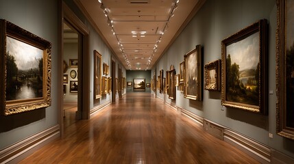 Aufkleber - Long art gallery hallway with framed paintings on both walls, museum interior with paintings hanging on walls