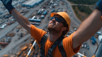 Aufkleber - A man in a yellow helmet and orange shirt is standing on a platform