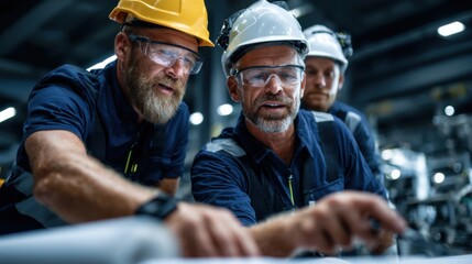 Aufkleber - Three men in safety gear are looking at a blueprint