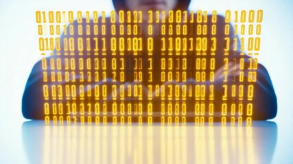 Poster - Cybersecurity Enigma: An anonymous figure, shrouded in mystery, is immersed in the digital realm. Behind a screen of glowing binary code, the individual navigates the intricate web of cybersecurity