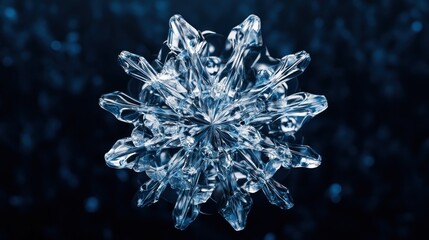 Poster - Intricate, crystal-like snowflake on dark blue background.