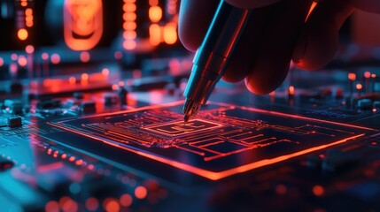 Poster - A close-up view of a high-tech circuit board being intricately designed with a precision pen. illuminated by glowing orange lights. showcasing advanced technology in a modern workspace