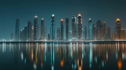 Aufkleber - Dubai marina skyscrapers glowing with vibrant lights creating mesmerizing reflections on tranquil water, architectural brilliance silhouetted against deep nocturnal skyline