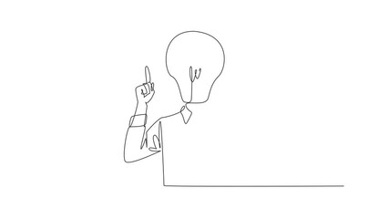 Poster - Animation of single continuous line drawing of business man with bulb lamp head pointing finger into open space. World Logic Day. Creative thinking. Template for poster, banner. Full length motion