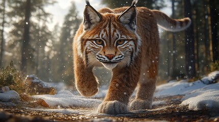 Wall Mural - majestic lynx striding through snowy forest