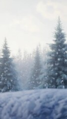 Poster - Gentle snowflakes falling on majestic pine trees create a serene winter wonderland, enveloping the forest in a magical, tranquil atmosphere filled with frosty beauty