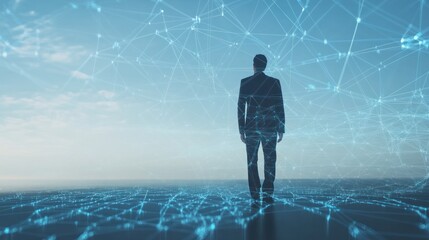 Poster - Businessman facing digital network, future technology concept.