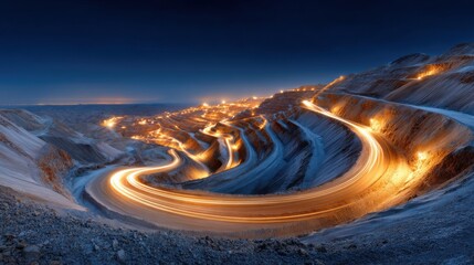 Poster - A winding road with a bright orange glow in the background
