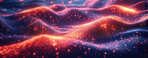 Poster - Abstract representation of glowing waves with shimmering particles. set against a dark background. creating a sense of depth and movement. ideal for digital art or technology themes