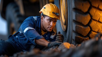 Poster - A man in a yellow helmet is working on a tire