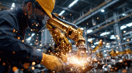 Poster - A man in a yellow helmet is working on a machine in a factory