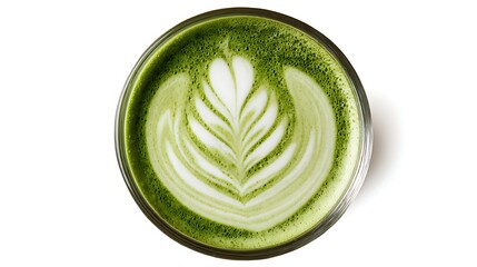 Poster - Matcha latte isolated on white background, top view, view from above, delicious hot matcha latte drink in glass cup hot beverage, for cafe, coffee shop, menu