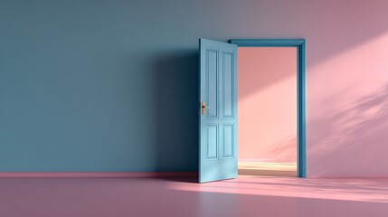 Aufkleber - Minimalist interior with pastel pink wall, open blue door slightly ajar revealing bright white space, soft pink floor and muted blue door frame, calm and serene ambiance with a touch of mystery