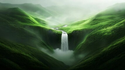 Poster - Breathtaking waterfall plunges into a misty valley surrounded by vibrant green mountains, creating a serene and awe inspiring natural landscape