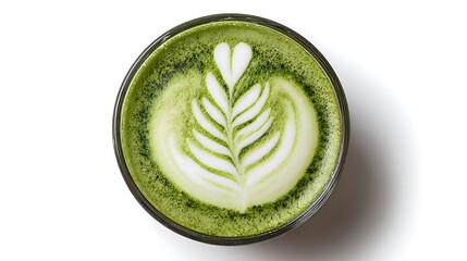 Poster - Matcha latte isolated on white background, top view, view from above, delicious hot matcha latte drink in glass cup hot beverage, for cafe, coffee shop, menu