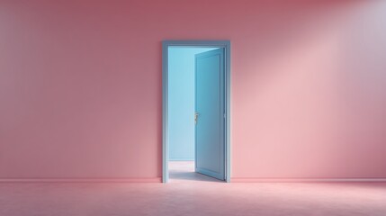 Poster - Minimalist interior with pastel pink wall, open blue door slightly ajar revealing bright white space, soft pink floor and muted blue door frame, calm and serene ambiance with a touch of mystery