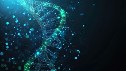 Poster - A vibrant. glowing DNA double helix spirals against a dark background. surrounded by shimmering particles. symbolizing scientific discovery and genetic research