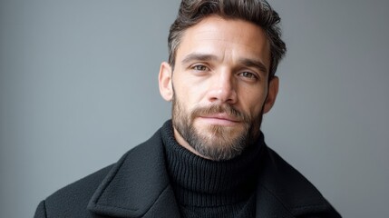Poster - A dark-haired man with a well-groomed beard stands with a calm expression, dressed in a black turtleneck sweater in a minimalistic indoor setting. His confident demeanor shines through