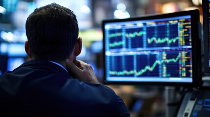Poster - Broker viewing stock market data on large monitor.