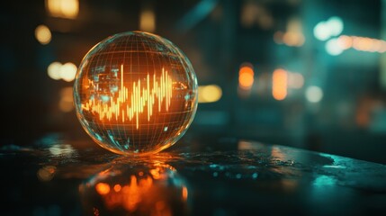 Poster - Global market trends visualized in a glowing glass sphere on a dark reflective surface with a blurred city background.