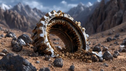 Poster - A large, rusted gear is sitting in the desert
