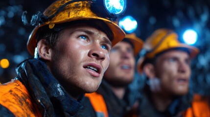 Aufkleber - Three men in orange vests and hard hats are looking up at something
