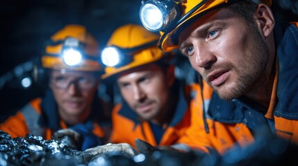 Aufkleber - Three men in orange and black safety gear are looking at something