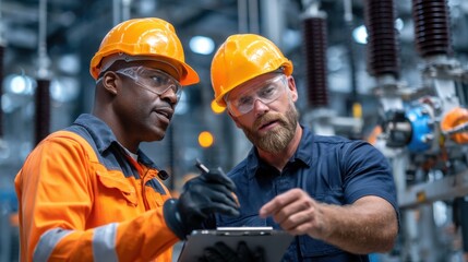 Aufkleber - Two men in orange safety gear are looking at a clipboard