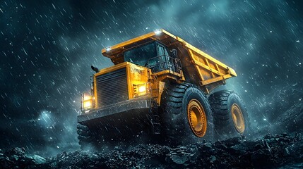 Poster - a powerful mining robot navigates through the elements extracting valuable minerals and projecting r