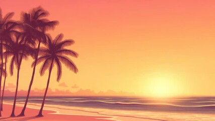 Poster - Gentle waves lapping a sandy beach at sunset, casting a warm orange glow while silhouetting palm trees, creating a serene tropical paradise