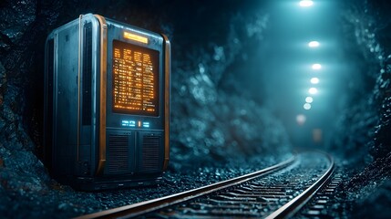 Poster - a highly advanced underground mine entrance featuring holographic gates scanning beams and a futuris