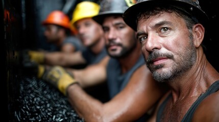 Aufkleber - A man with a mustache and a hard hat is standing next to three other men