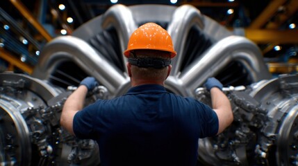 Poster - A man in a blue shirt and orange helmet is working on a large machine
