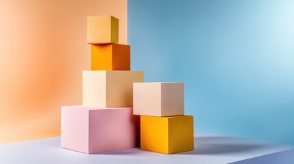 Fototapete - Geometric composition with multicolored cubes placed over gentle pastel gradient