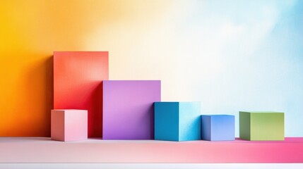 Fototapete - Geometric composition with multicolored cubes placed over gentle pastel gradient