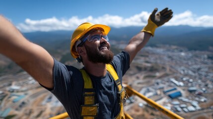 Aufkleber - A man in a yellow hard hat is standing on a platform and smiling