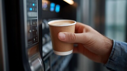 Poster - Modern technology, on, the, go lifestyle, caffeine fix, and efficiency, hand reaching for a paper coffee cup from an automated vending machine, convenience and quick service in getting a hot beverage