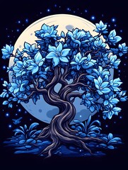 Wall Mural - A stylized, blue flowering tree silhouetted against a large, pale moon in a night sky